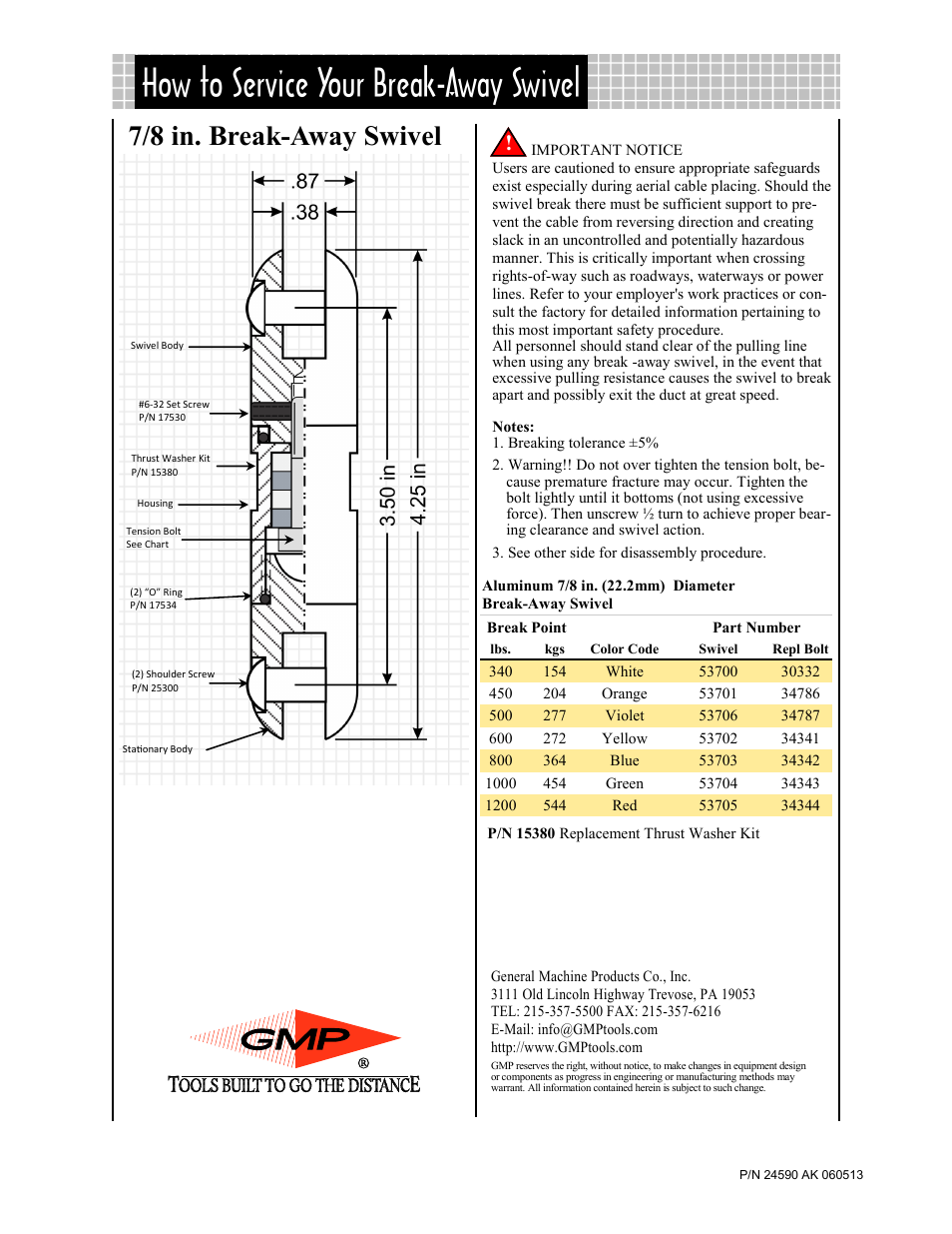 7/8 in. break-away swivel | General Machine Products 7/8" Break-Away Swivel User Manual | Page 2 / 2