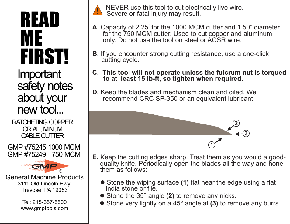 General Machine Products 75245 1000 MCM Ratcheting Cable Cutter User Manual | 1 page