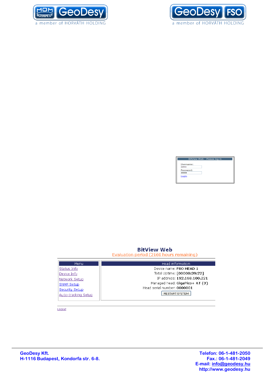 Management, Features, Login screen and password | Head information screen, 9 management, 1 features, 1 login screen and password, 2 head information screen | GeoDesy Gigabit 2400 Auto Tracking link series User Manual | Page 27 / 39
