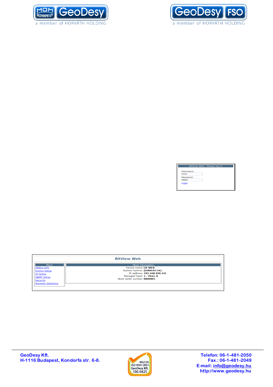 Management, Features, Login screen and password | Head information screen, 10 management, 1 features, 1 login screen and password, 2 head information screen | GeoDesy GD-P1000E1000 User Manual | Page 25 / 55