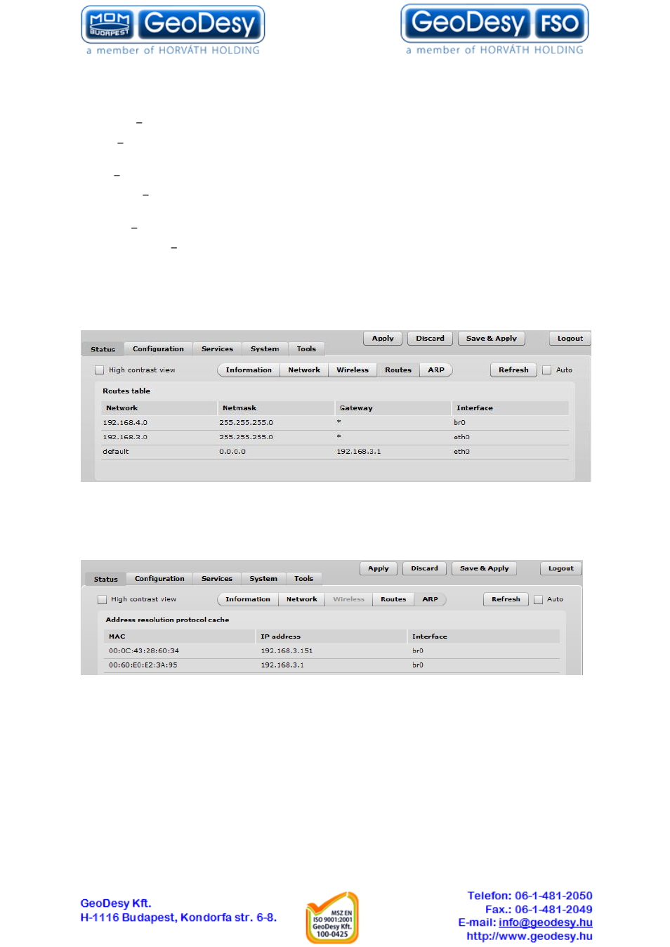 Routes, Configuration, Network | 2 configuration, 4 routes, 5 arp, 1 network | GeoDesy GD-Geo20 User Manual | Page 19 / 59