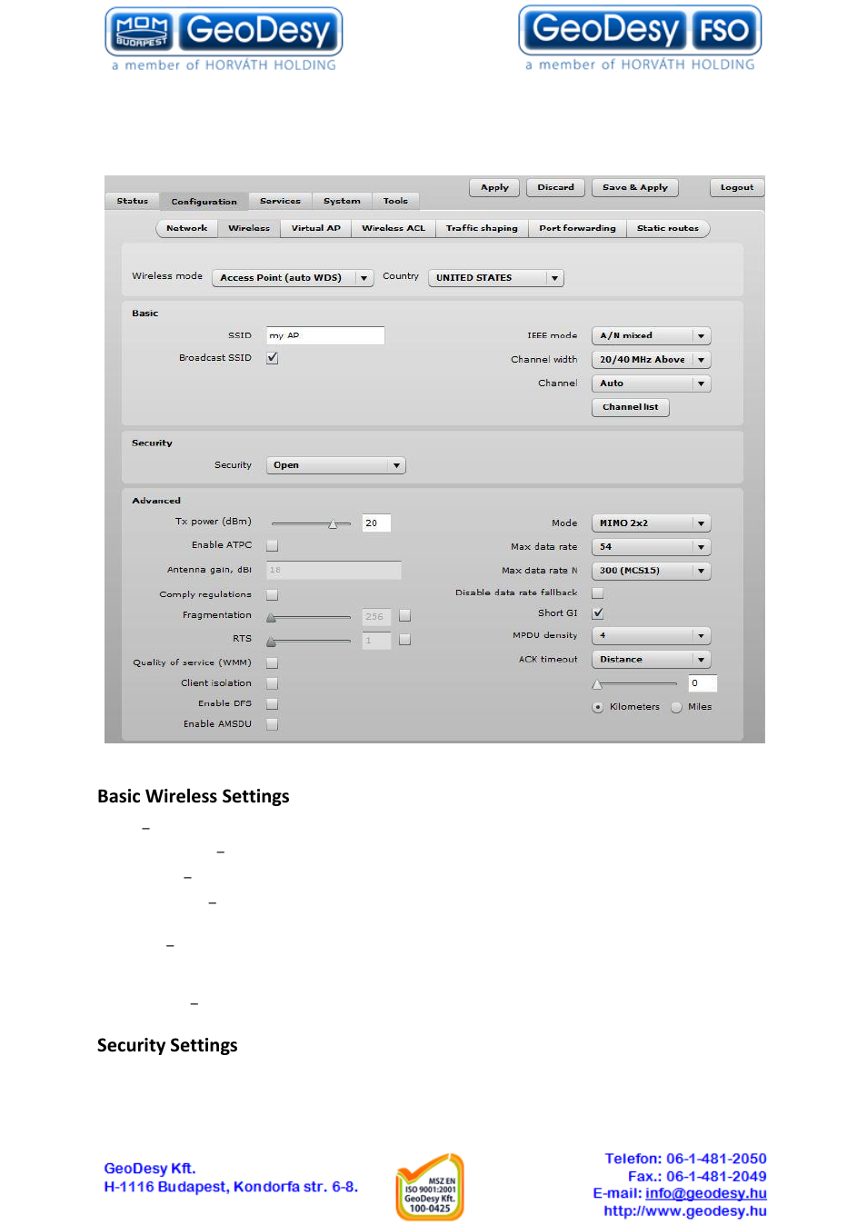 Wireless mode: access point, 5 wireless mode: access point, Basic wireless settings | Security settings | GeoDesy GD-Geo20 User Manual | Page 27 / 59