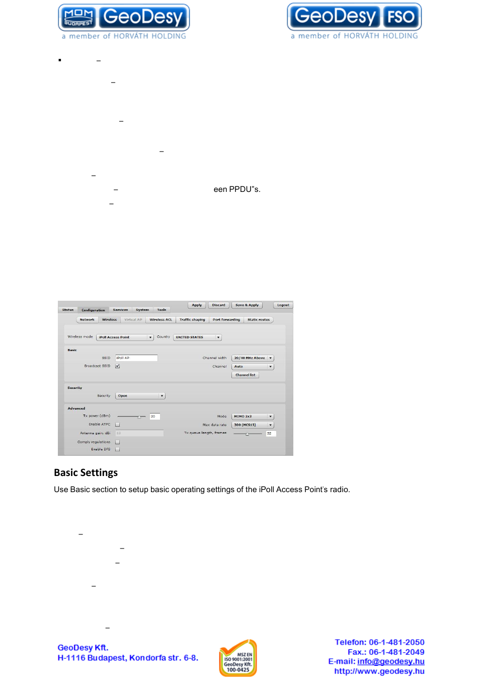 Wireless mode: ipoll access point, 7 wireless mode: ipoll access point, Basic settings | GeoDesy GD-Geo20 User Manual | Page 33 / 59