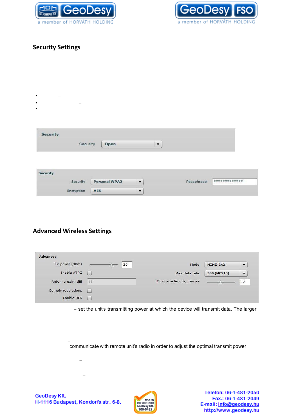 Security settings, Advanced wireless settings | GeoDesy GD-Geo20 User Manual | Page 34 / 59