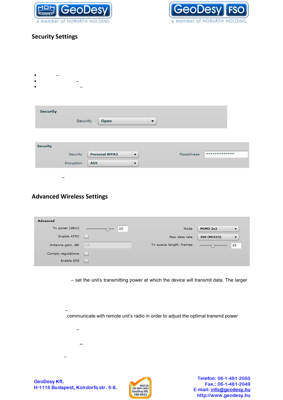 Security settings, Advanced wireless settings | GeoDesy GD-Geo20 User Manual | Page 36 / 59