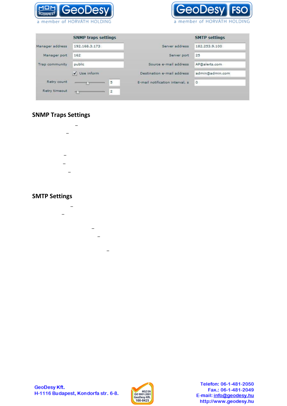 Snmp, Snmp traps settings, Smtp settings | 3 snmp | GeoDesy GD-Geo20 User Manual | Page 42 / 59