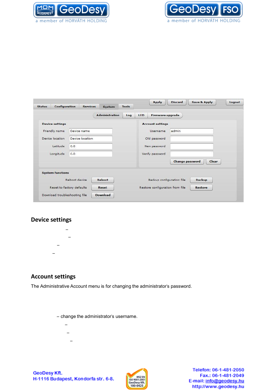 System, Administration, 4 system | 1 administration, Device settings, Account settings | GeoDesy GD-Geo20 User Manual | Page 45 / 59