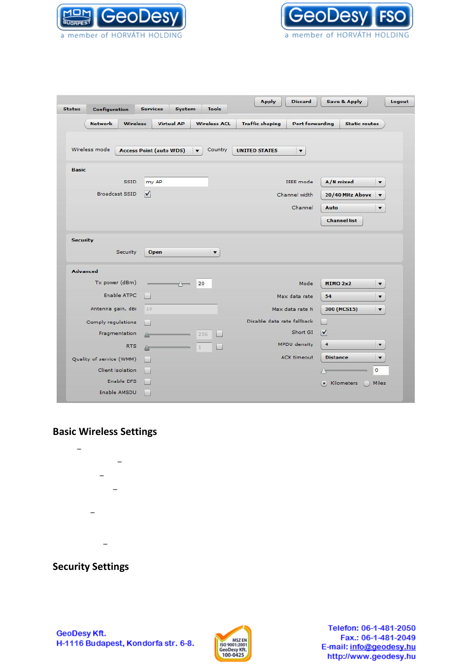 Wireless mode: access point, 5 wireless mode: access point, Basic wireless settings | Security settings | GeoDesy GD-Geo20-TP User Manual | Page 27 / 59