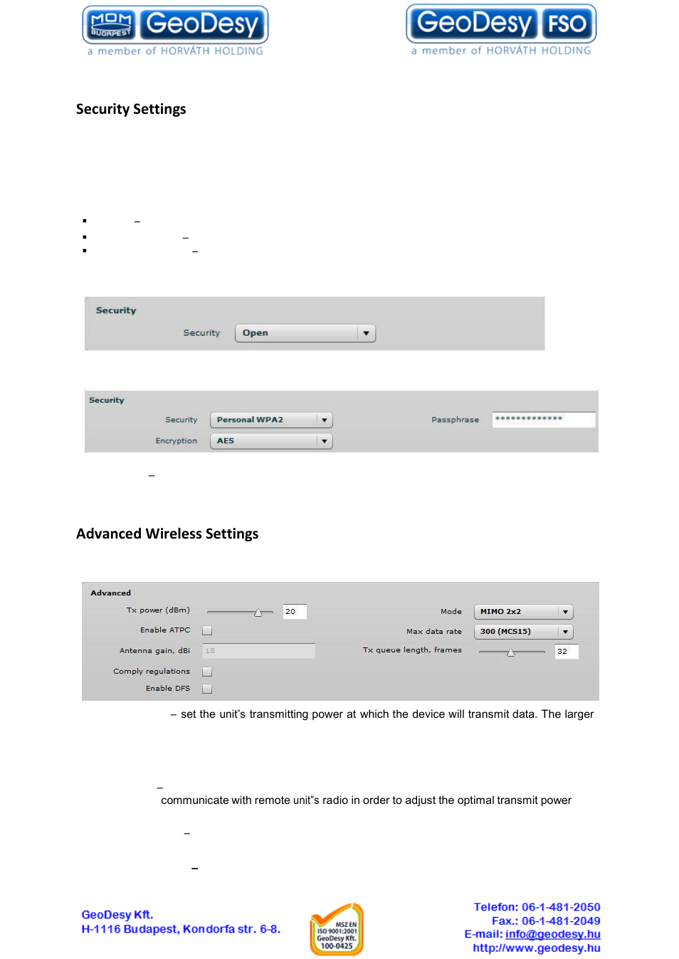 Security settings, Advanced wireless settings | GeoDesy GD-Geo20-TP User Manual | Page 34 / 59