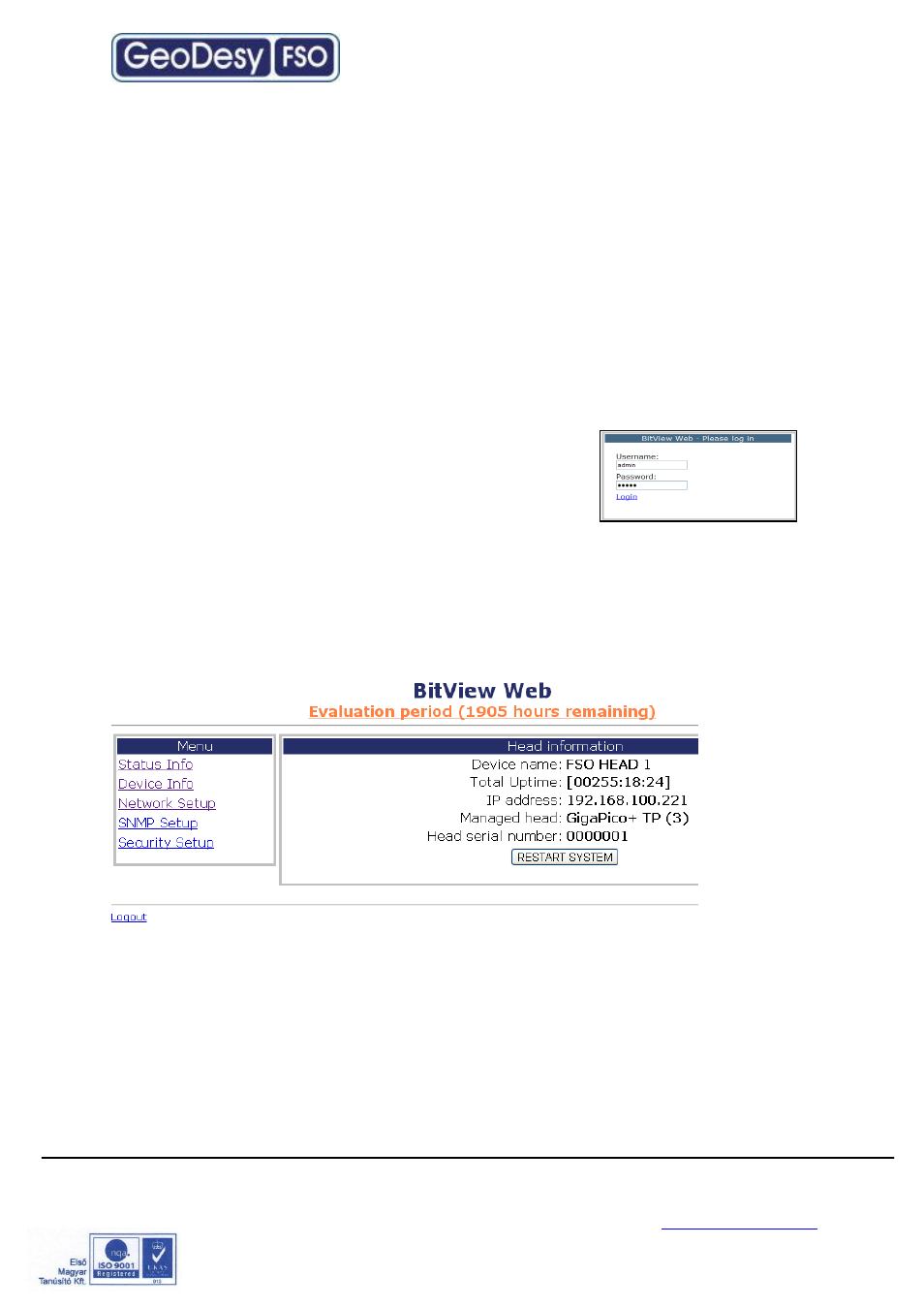 Management, Features, Login screen and password | Head information screen, 7 management, 1 features | GeoDesy Giga Pico Next TP User Manual | Page 22 / 34