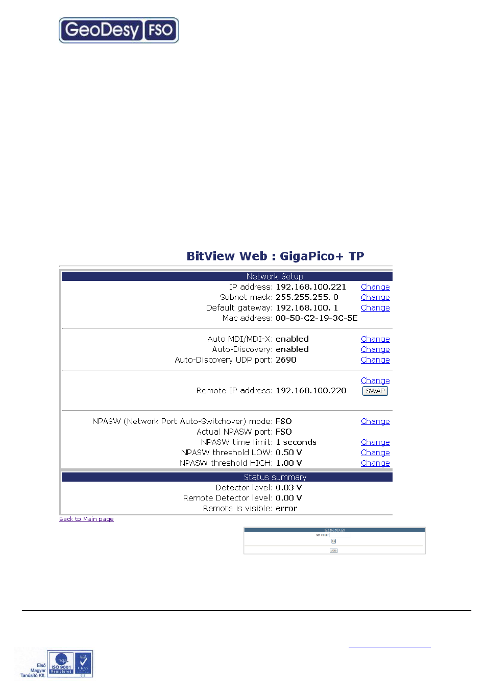 Network setup | GeoDesy Giga Pico Next FO User Manual | Page 25 / 34