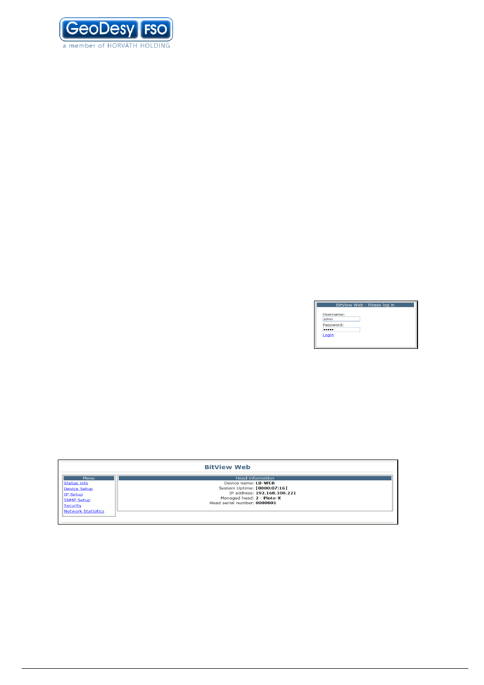 Management, Features, Login screen and password | Head information screen, 8 management, 1 features | GeoDesy GD-3000 Series User Manual | Page 22 / 53