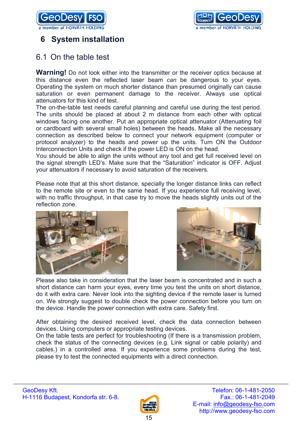6 system installation, 1 on the table test, System installation on the table test | GeoDesy FSO Next series User Manual | Page 15 / 52