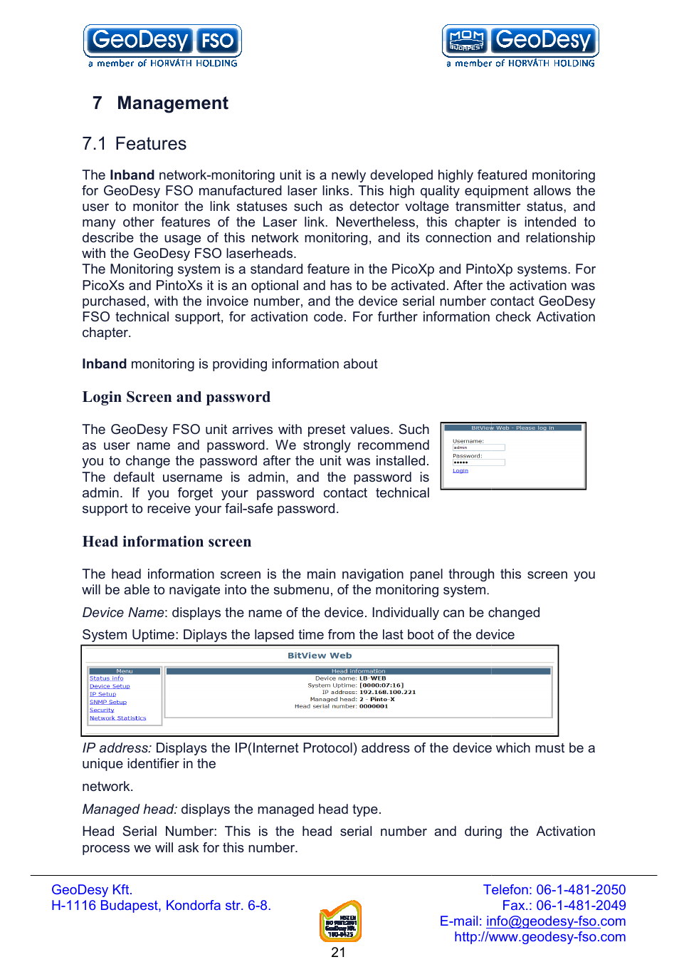 7 management, 1 features | GeoDesy FSO Next series User Manual | Page 21 / 52