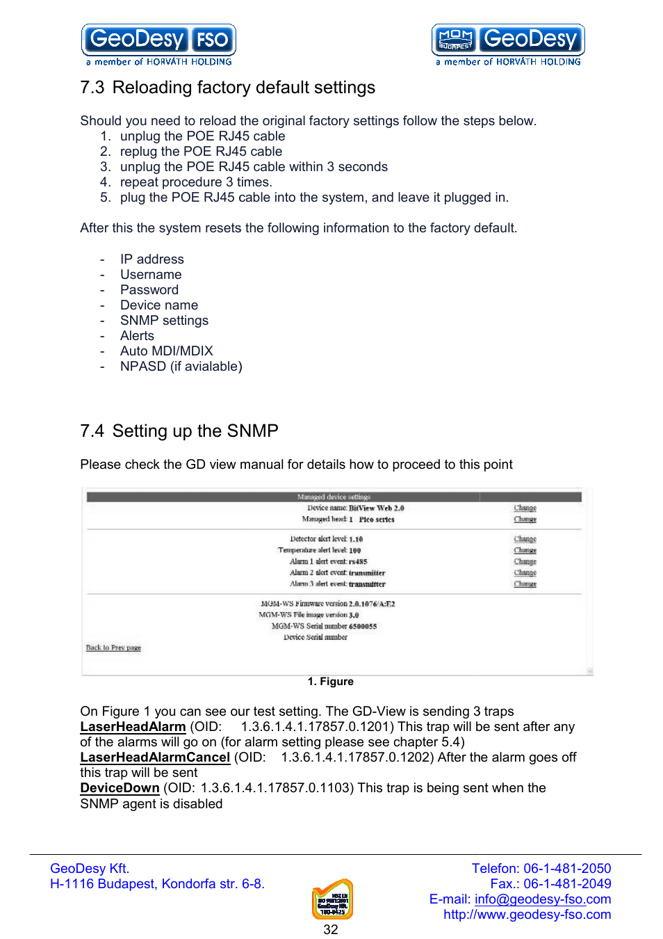 3 reloading factory default settings, 4 setting up the snmp, Reloading factory default settings | Snmp | GeoDesy FSO Next series User Manual | Page 32 / 52