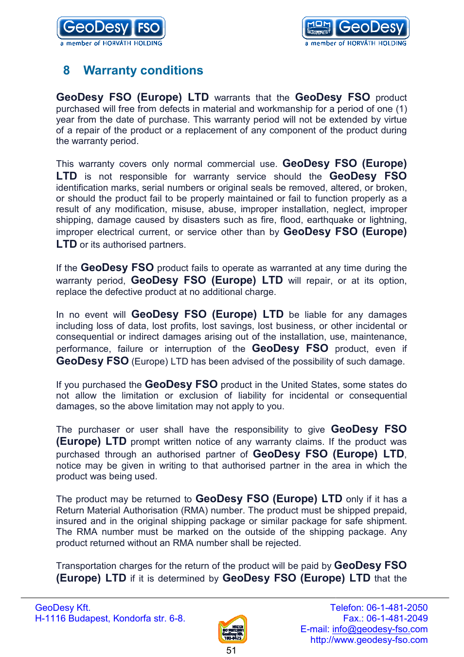 8 warranty conditions, Warranty conditions | GeoDesy FSO Next series User Manual | Page 51 / 52
