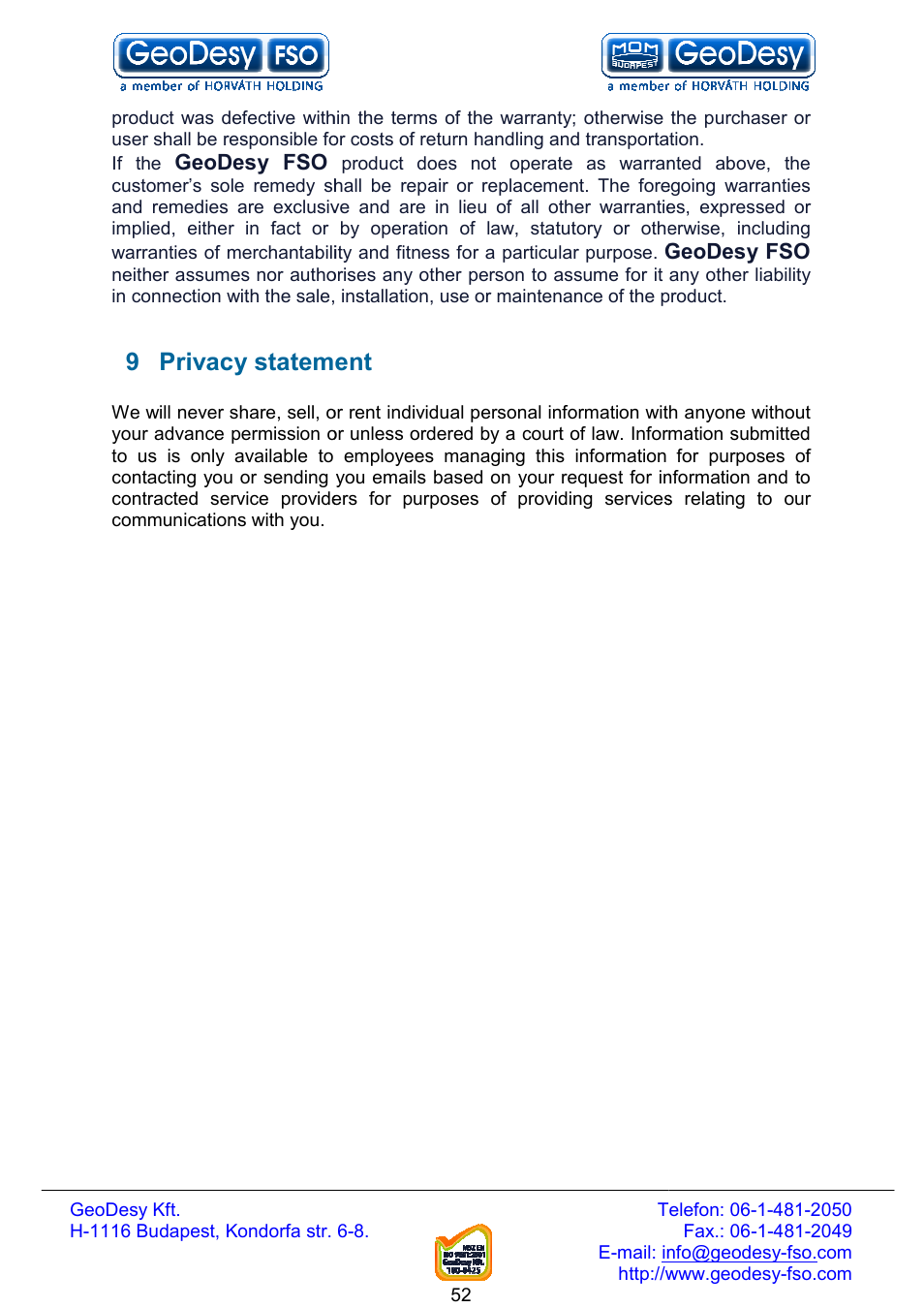 9 privacy statement, Privacy statement | GeoDesy FSO Next series User Manual | Page 52 / 52