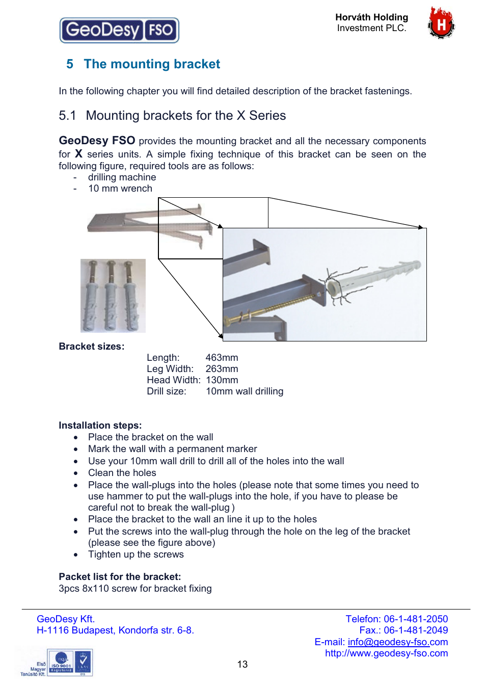 5 the mounting bracket, 1 mounting brackets for the x series | GeoDesy FSO Giga Next series User Manual | Page 13 / 56