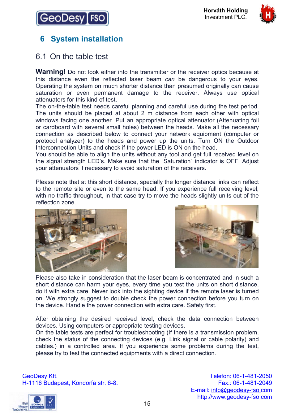 6 system installation, 1 on the table test | GeoDesy FSO Giga Next series User Manual | Page 15 / 56