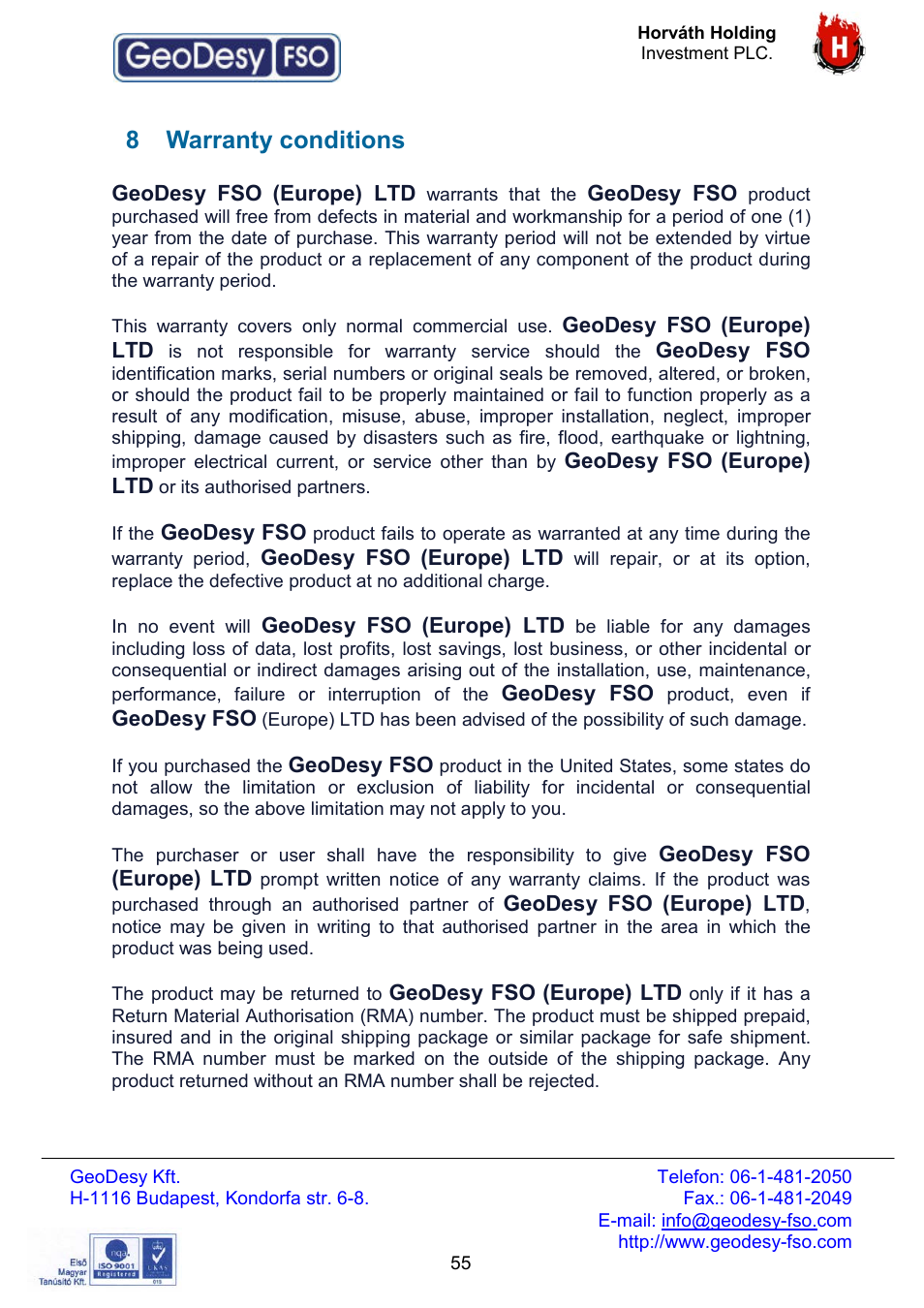 8 warranty conditions | GeoDesy FSO Giga Next series User Manual | Page 55 / 56