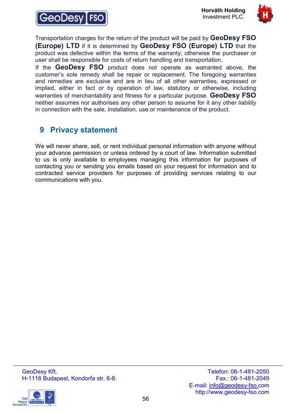 9 privacy statement | GeoDesy FSO Giga Next series User Manual | Page 56 / 56