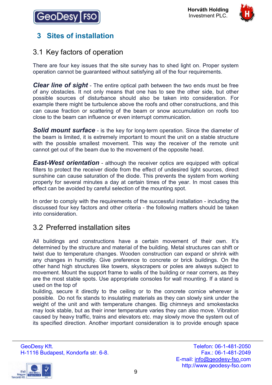 3 sites of installation, 1 key factors of operation, 2 preferred installation sites | GeoDesy FSO Giga Next series User Manual | Page 9 / 56