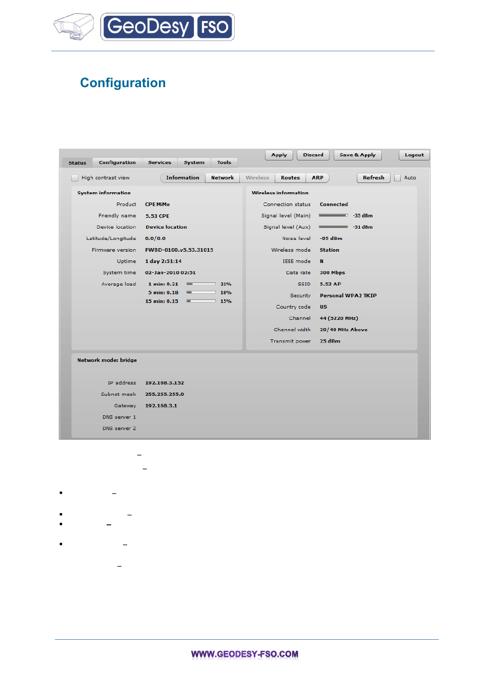 Configuration, Status, Information | 7configuration 7.1 status, 1 information | GeoDesy FSO GeoData20 series User Manual | Page 20 / 70