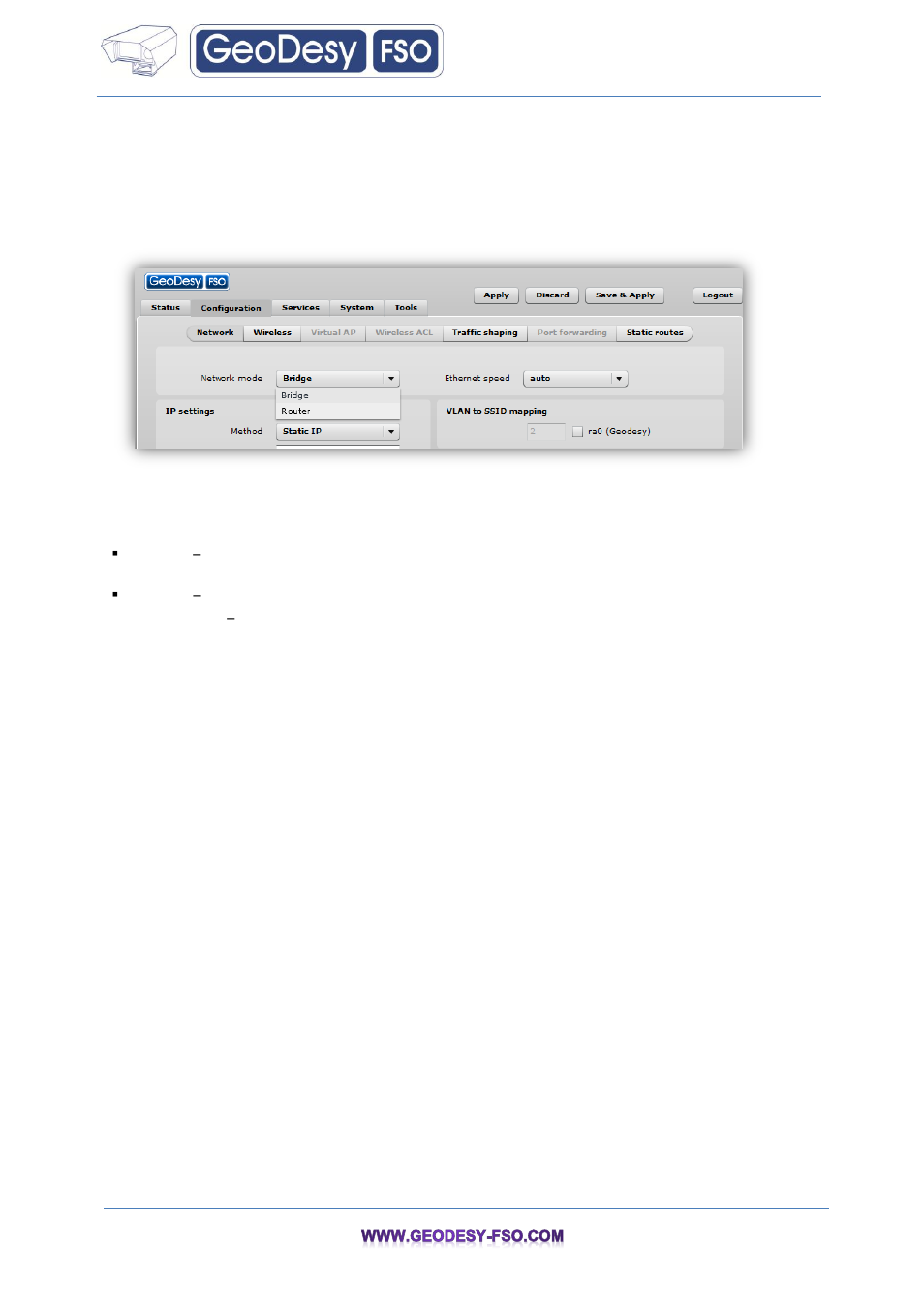 Configuration, Network, Bridge mode | 2 configuration, 1 network, 2 bridge mode | GeoDesy FSO GeoData20 series User Manual | Page 23 / 70