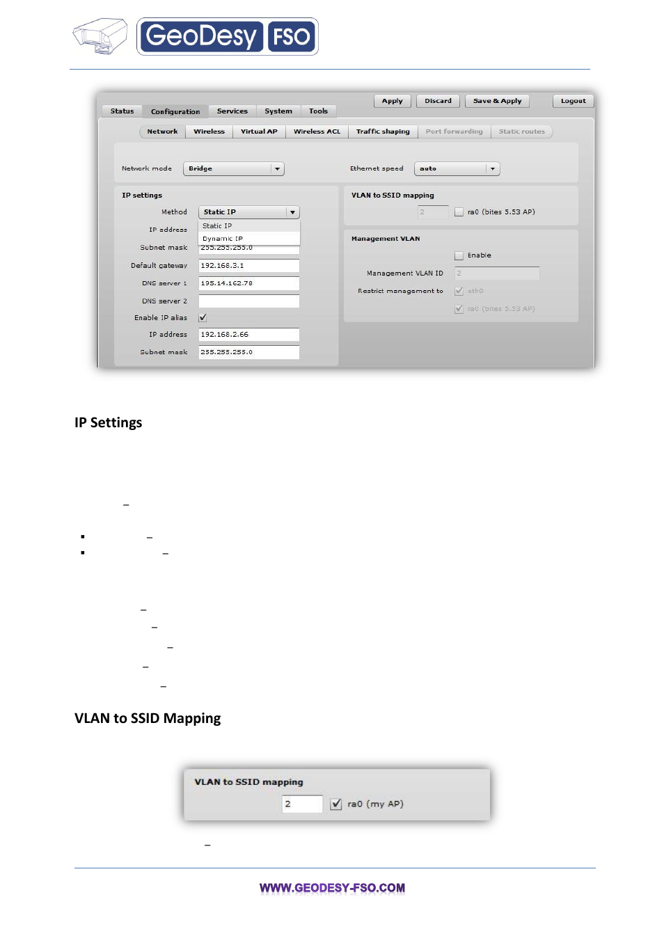 Ip settings, Vlan to ssid mapping | GeoDesy FSO GeoData20 series User Manual | Page 24 / 70