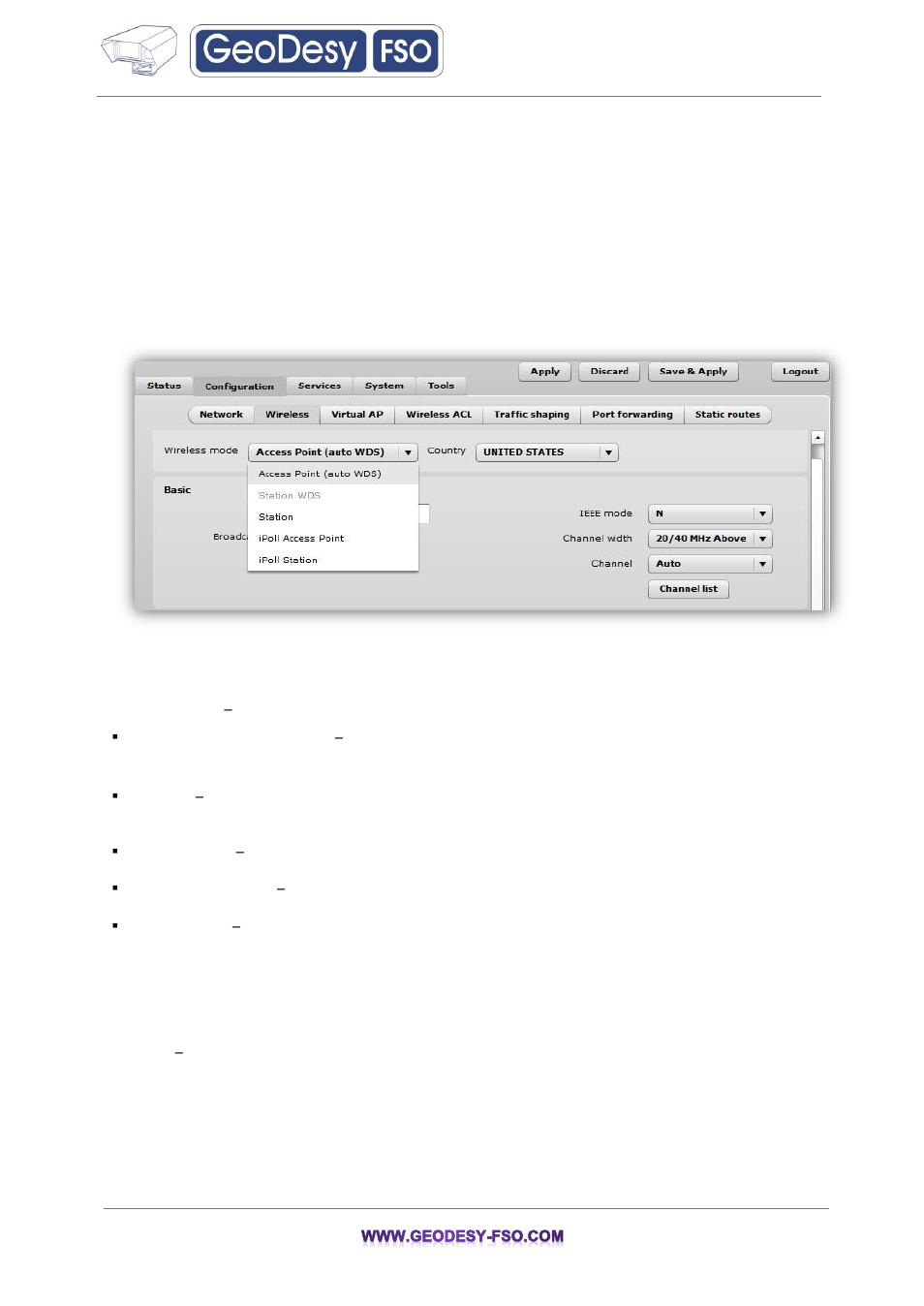 Wireless, 4 wireless | GeoDesy FSO GeoData20 series User Manual | Page 30 / 70