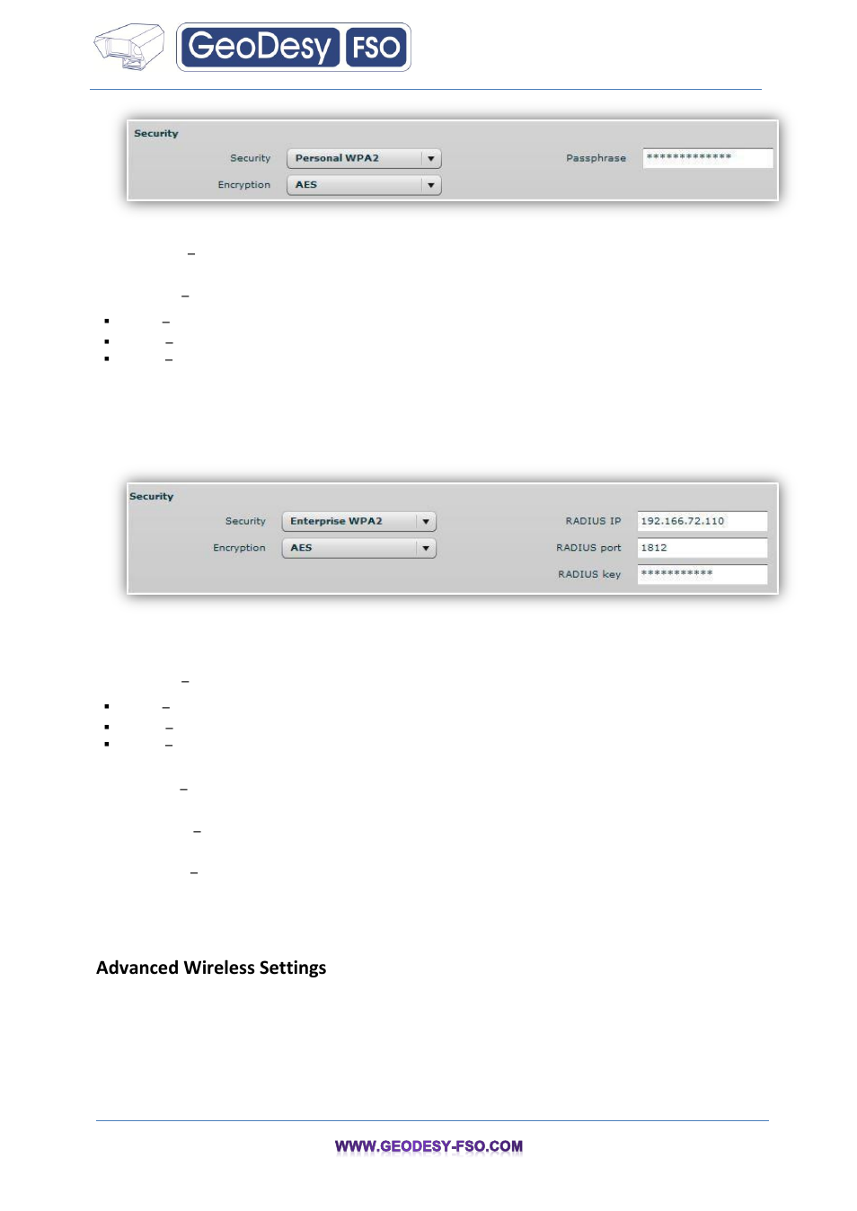 Advanced wireless settings | GeoDesy FSO GeoData20 series User Manual | Page 33 / 70