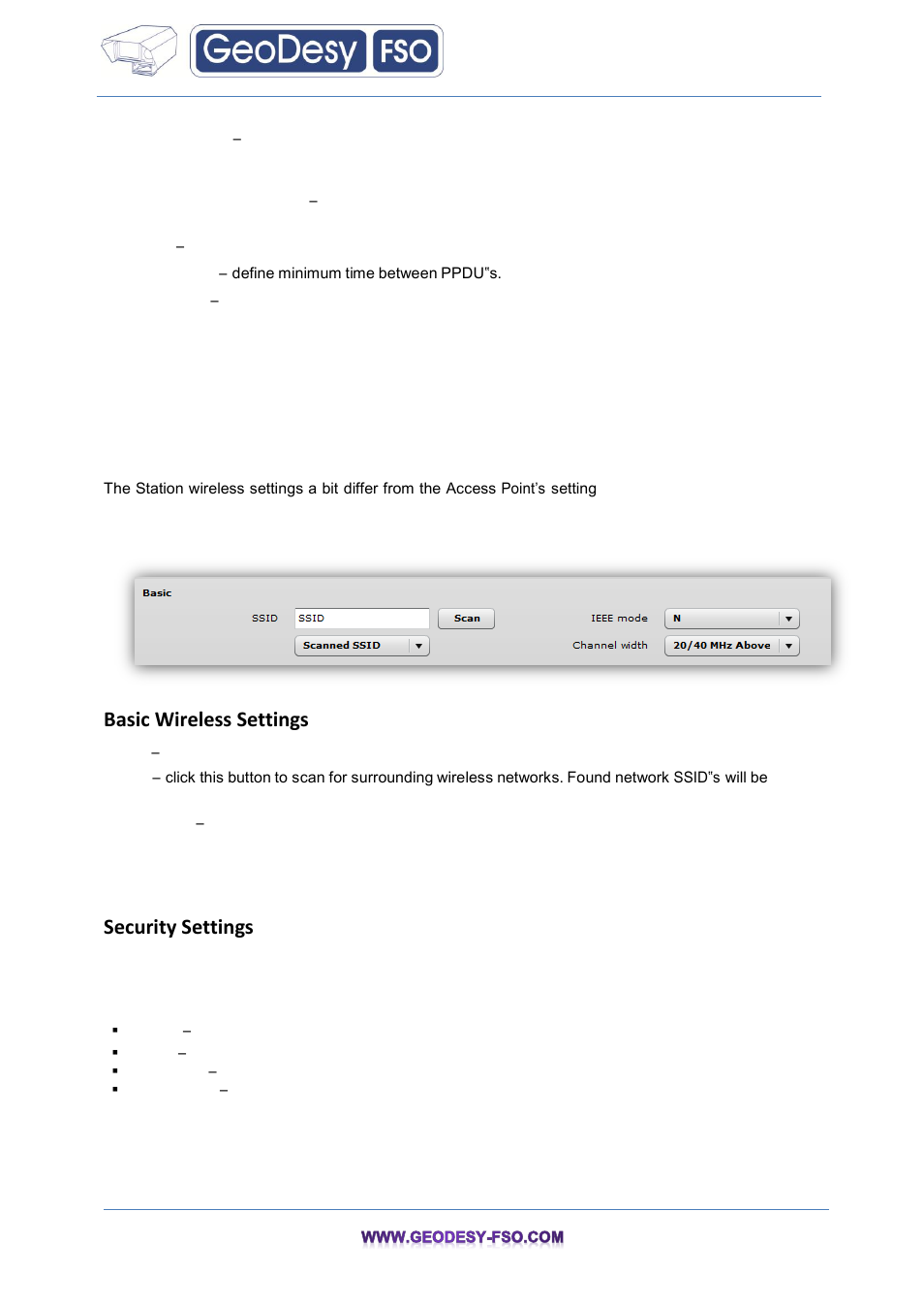 Wireless mode: station, 6 wireless mode: station, Basic wireless settings | Security settings | GeoDesy FSO GeoData20 series User Manual | Page 35 / 70