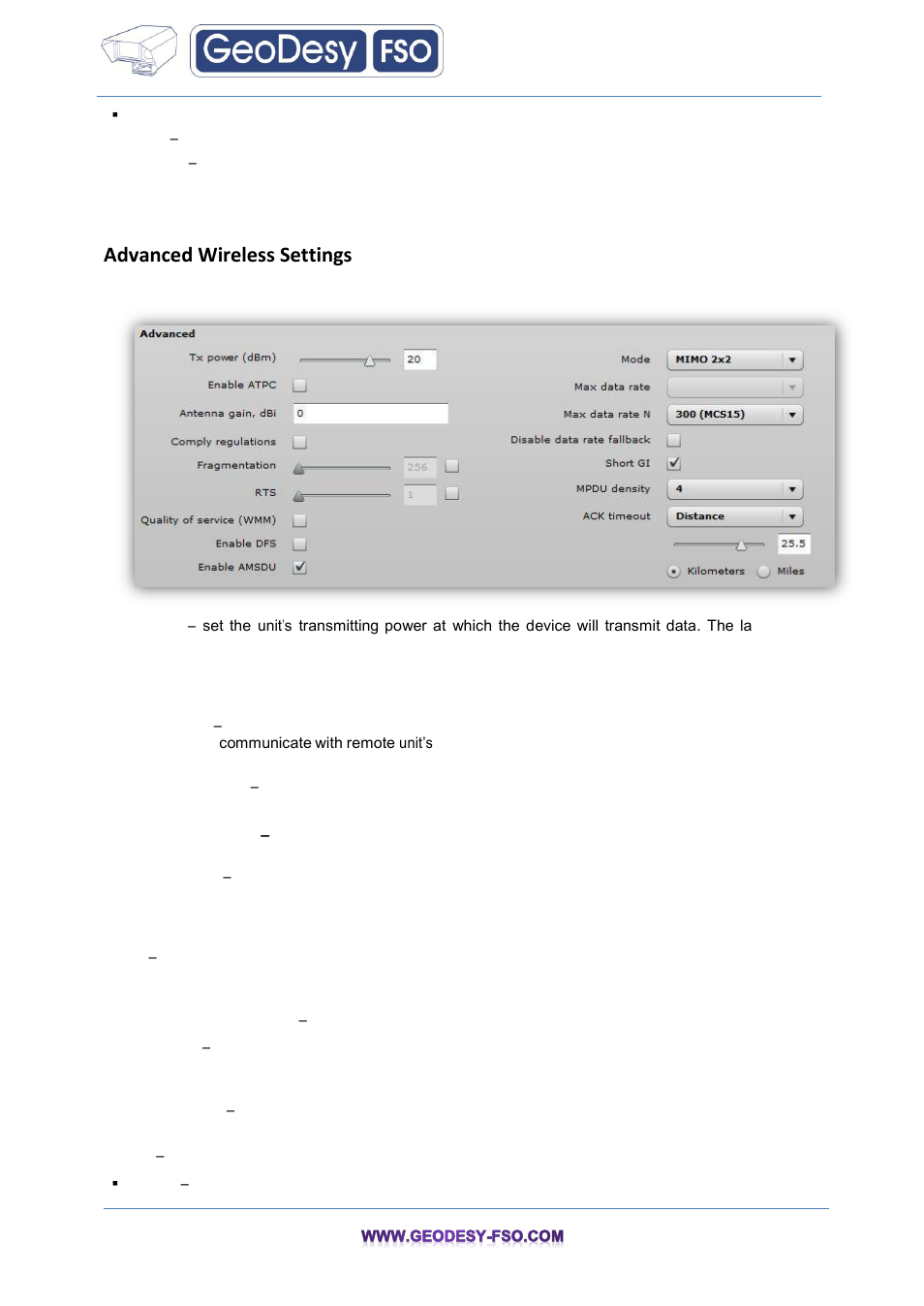 Advanced wireless settings | GeoDesy FSO GeoData20 series User Manual | Page 37 / 70