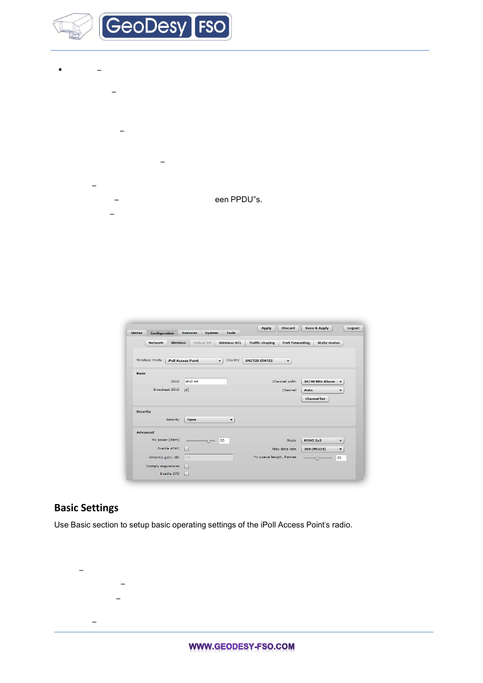 Wireless mode: ipoll access point, 7 wireless mode: ipoll access point, Basic settings | GeoDesy FSO GeoData20 series User Manual | Page 38 / 70