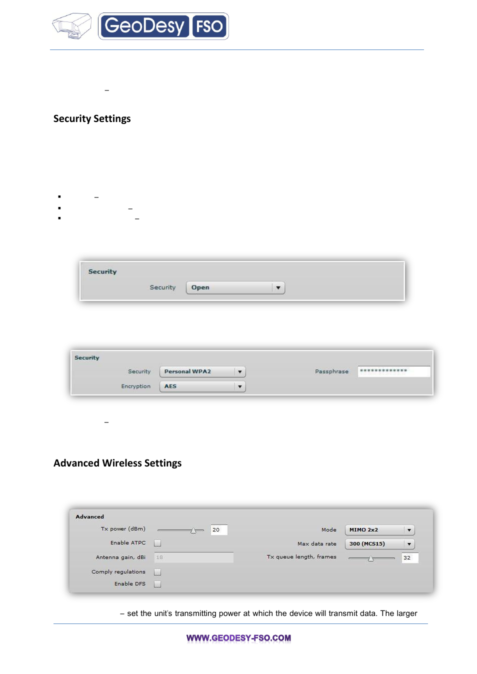 Security settings, Advanced wireless settings | GeoDesy FSO GeoData20 series User Manual | Page 39 / 70