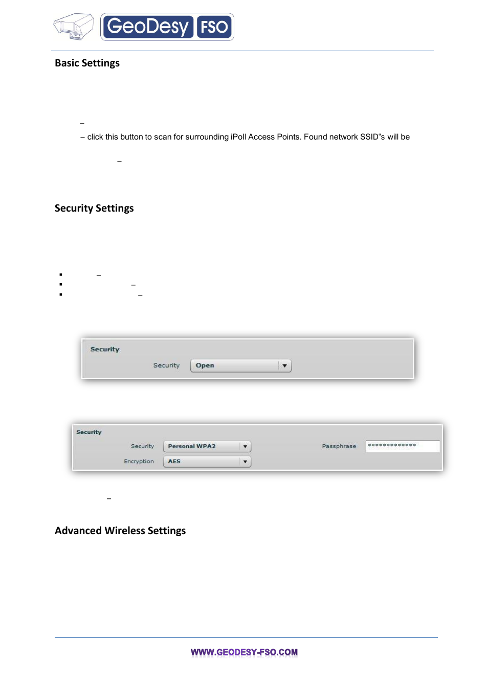 Basic settings, Security settings, Advanced wireless settings | GeoDesy FSO GeoData20 series User Manual | Page 41 / 70