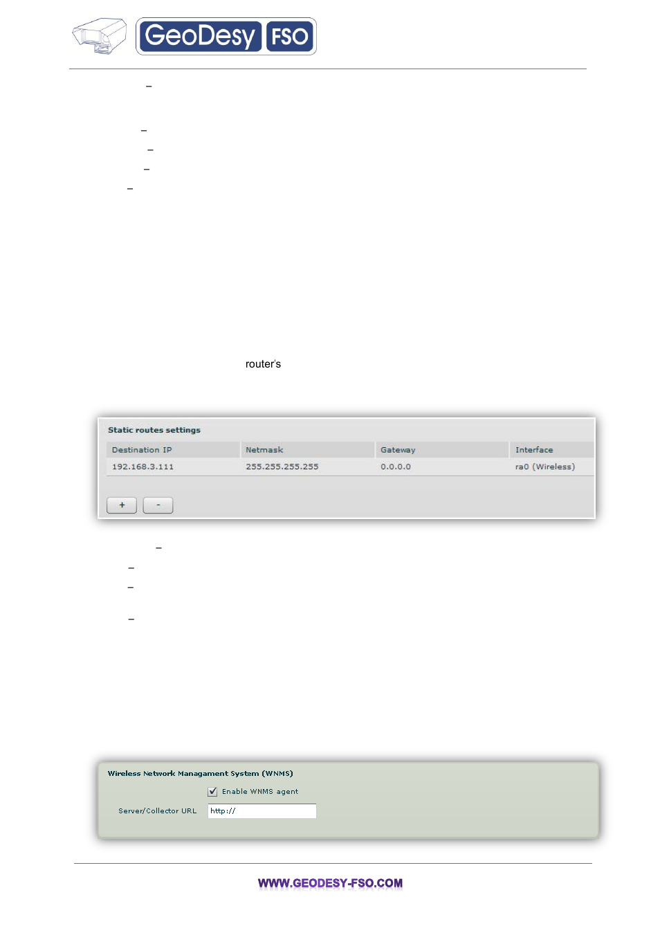 Static routes, Services, Wnms | 3 services, 13 static routes, 1 wnms | GeoDesy FSO GeoData20 series User Manual | Page 46 / 70