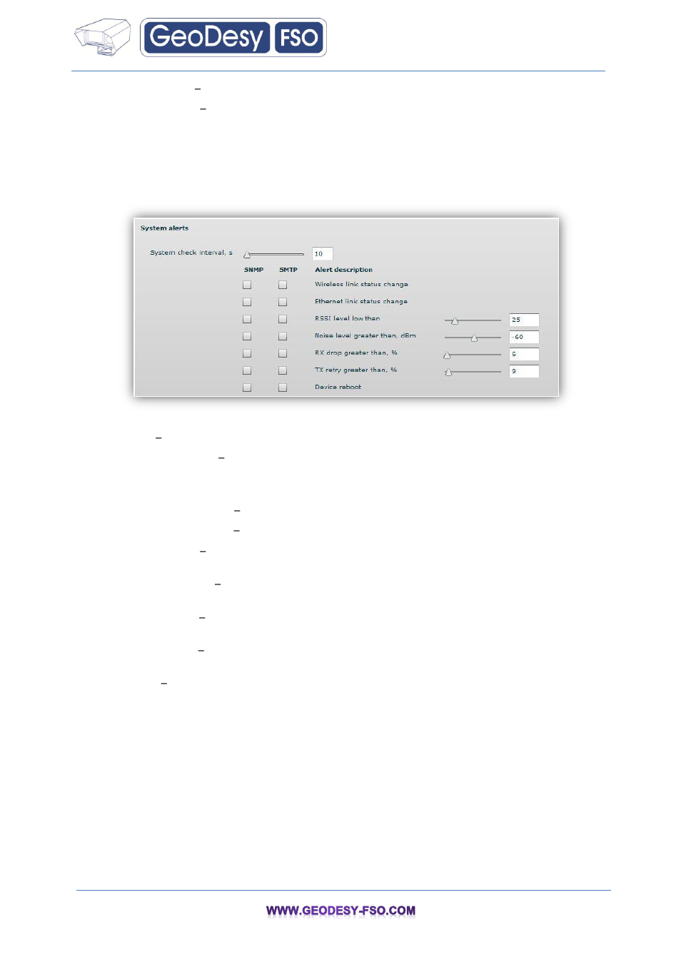 System alerts, 2 system alerts | GeoDesy FSO GeoData20 series User Manual | Page 47 / 70