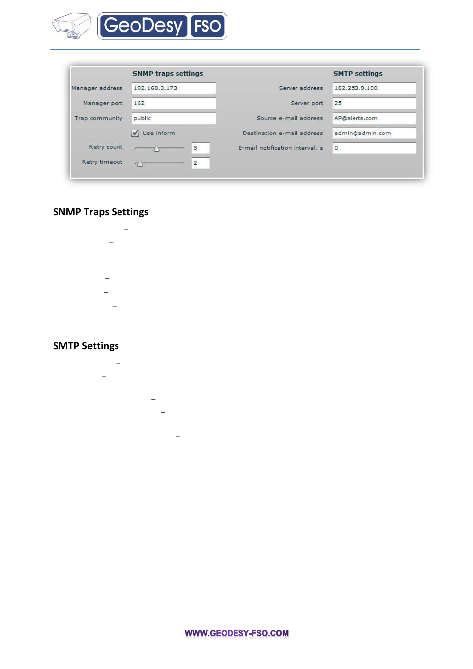 Snmp, Snmp traps settings, Smtp settings | 3 snmp | GeoDesy FSO GeoData20 series User Manual | Page 48 / 70