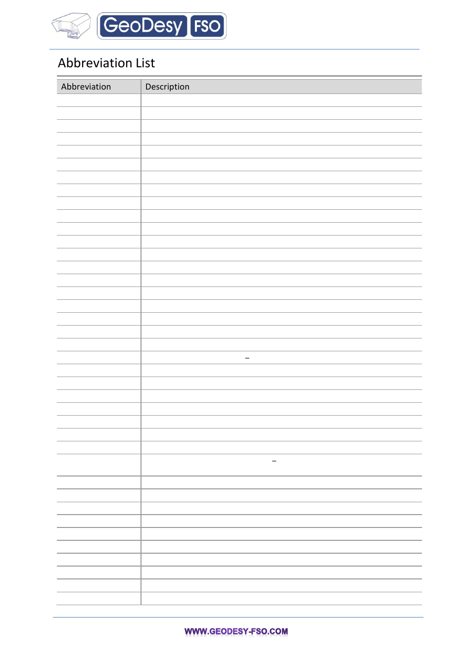 Abbreviation list, Abbreviation description | GeoDesy FSO GeoData20 series User Manual | Page 5 / 70