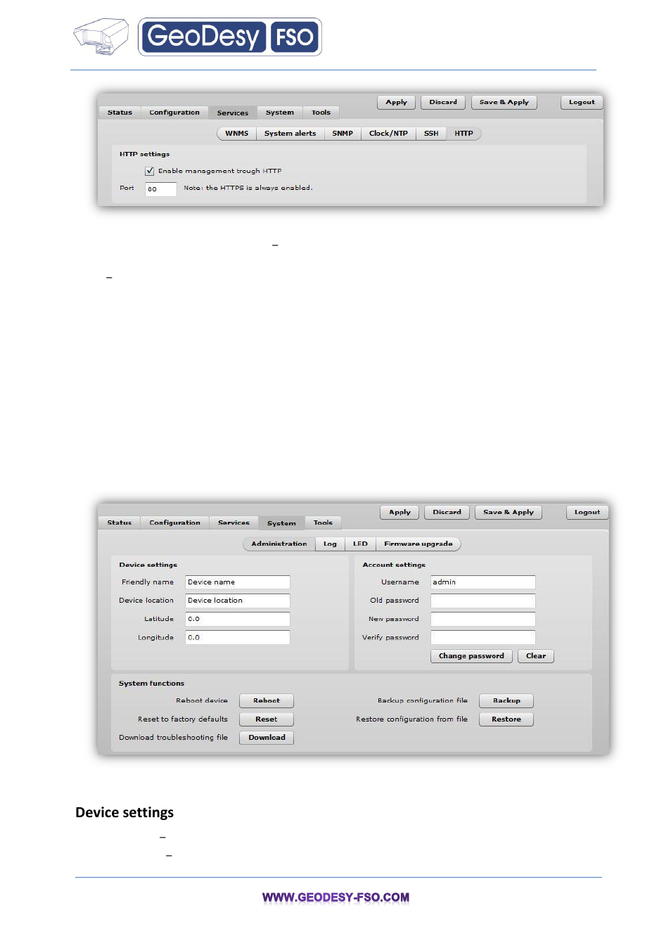 System, Administration, 4 system | 1 administration, Device settings | GeoDesy FSO GeoData20 series User Manual | Page 51 / 70
