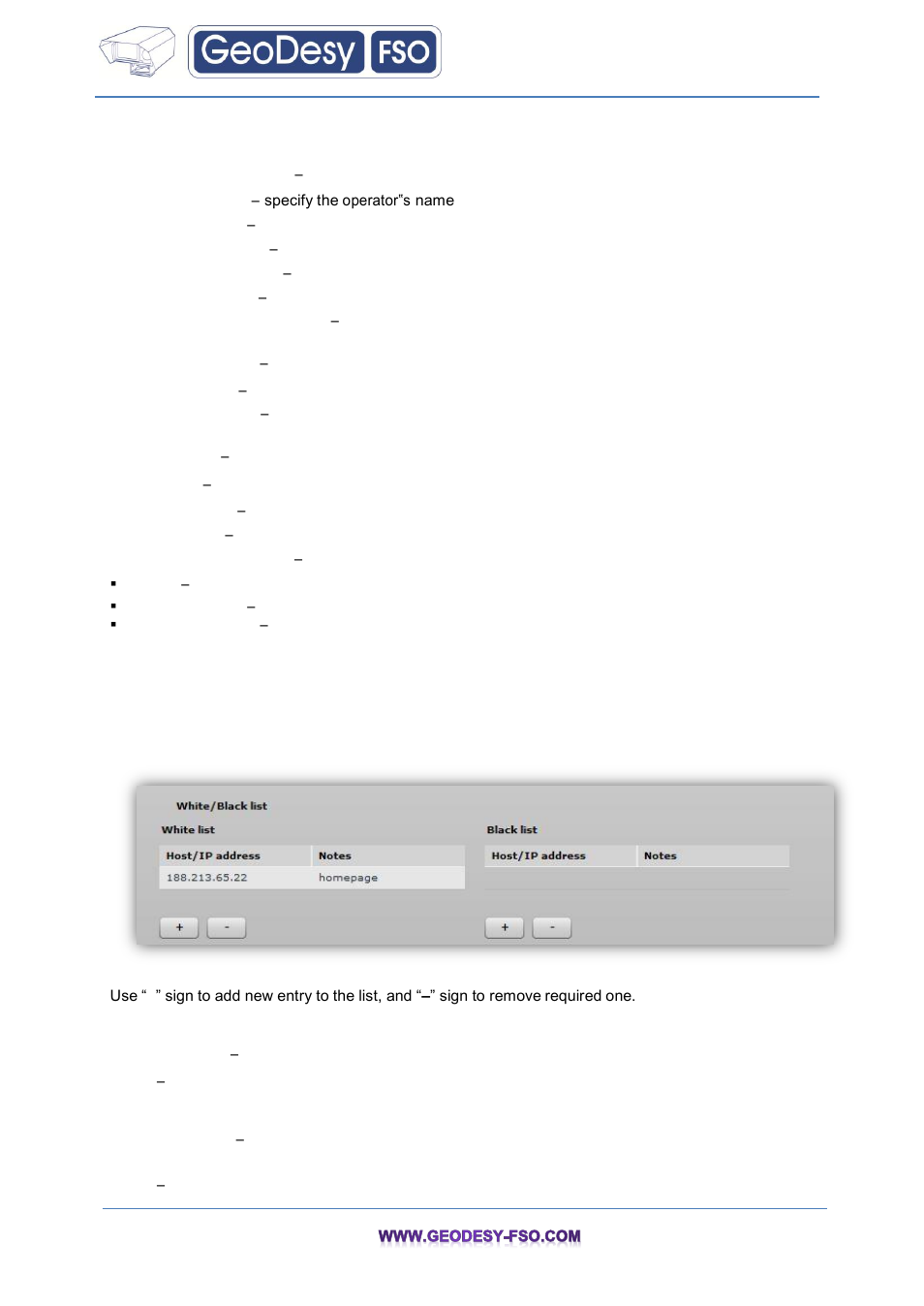 White/black list, 1 white/black list, Wispr settings | White list, Black list | GeoDesy FSO GeoData20 series User Manual | Page 64 / 70