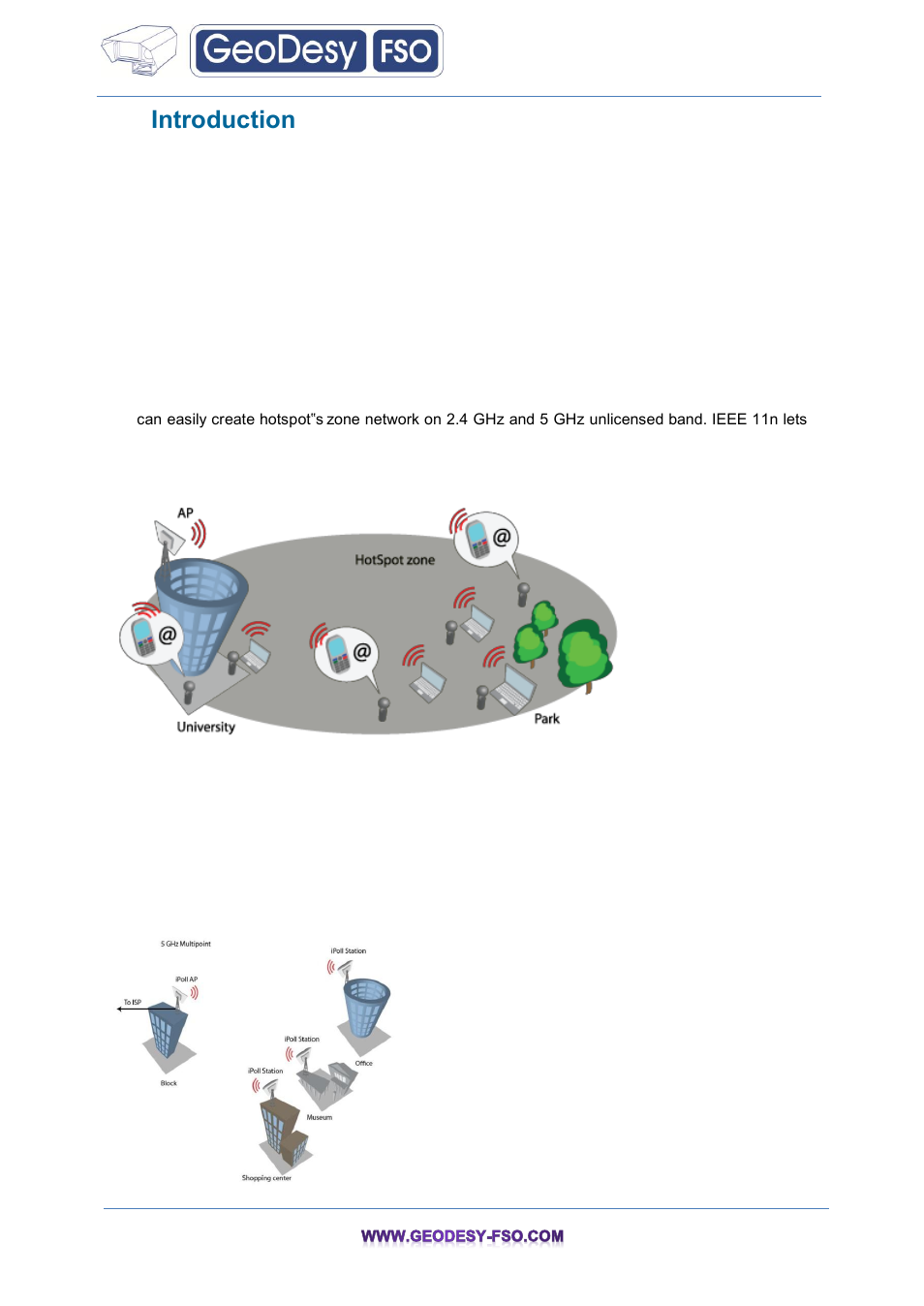 Introduction, Deployment scenarios, Hotspot | Point to multipoint, 3introduction, 1 deployment scenarios, 1 hotspot, 2 point to multipoint | GeoDesy FSO GeoData20 series User Manual | Page 8 / 70