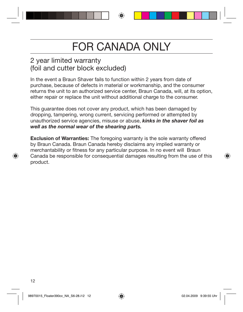 For canada only | Braun 5772 User Manual | Page 12 / 26