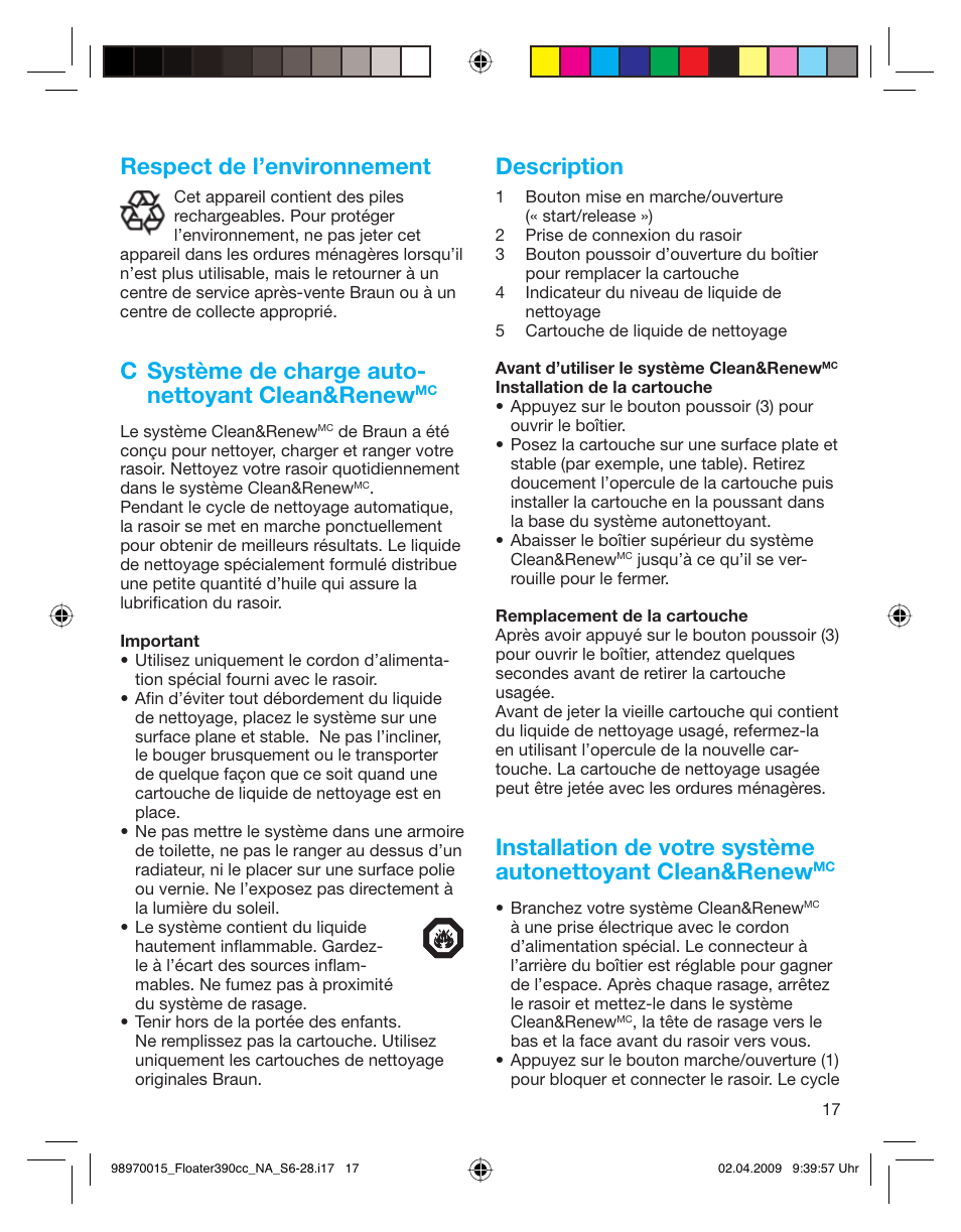 Respect de l’environnement, C système de charge auto- nettoyant clean&renew, Description | Braun 5772 User Manual | Page 17 / 26