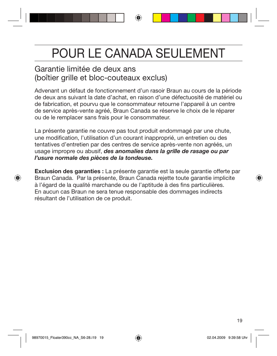 Pour le canada seulement | Braun 5772 User Manual | Page 19 / 26