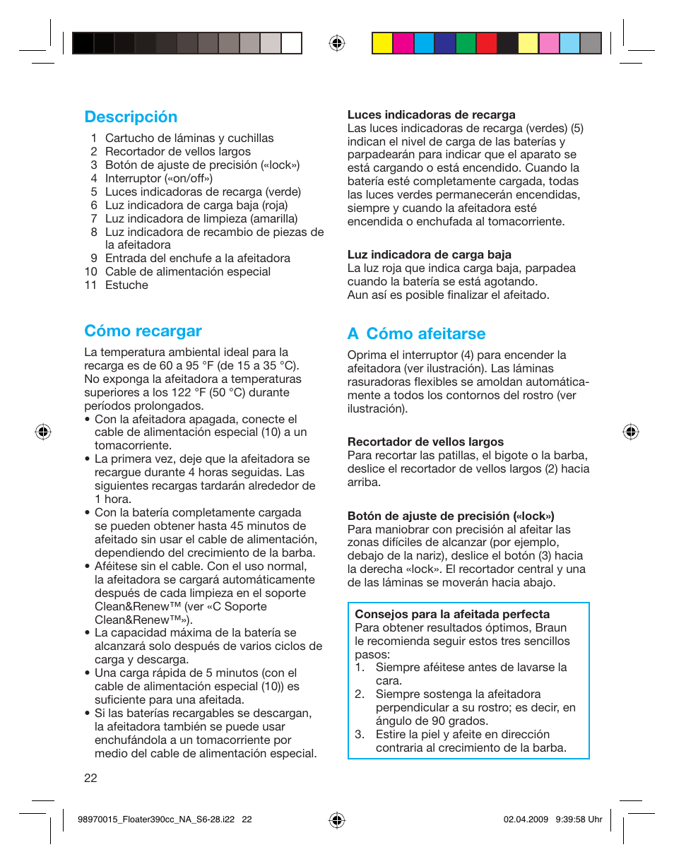 Descripción, Cómo recargar, A cómo afeitarse | Braun 5772 User Manual | Page 22 / 26