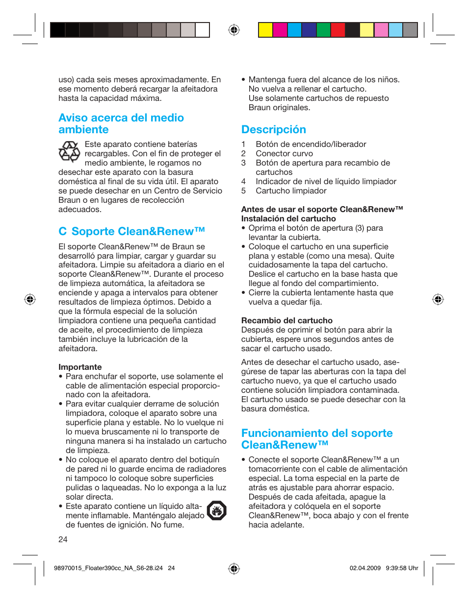 Aviso acerca del medio ambiente, C soporte clean&renew, Descripción | Funcionamiento del soporte clean&renew | Braun 5772 User Manual | Page 24 / 26