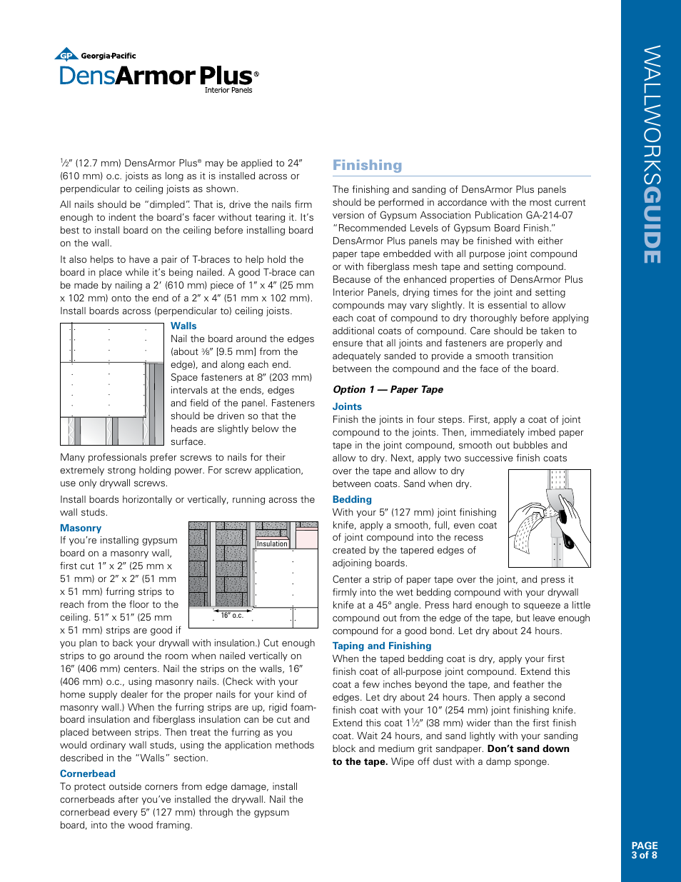 Wall works guide, Finishing | Georgia-Pacific DensArmor Plus Interior Panels User Manual | Page 3 / 8