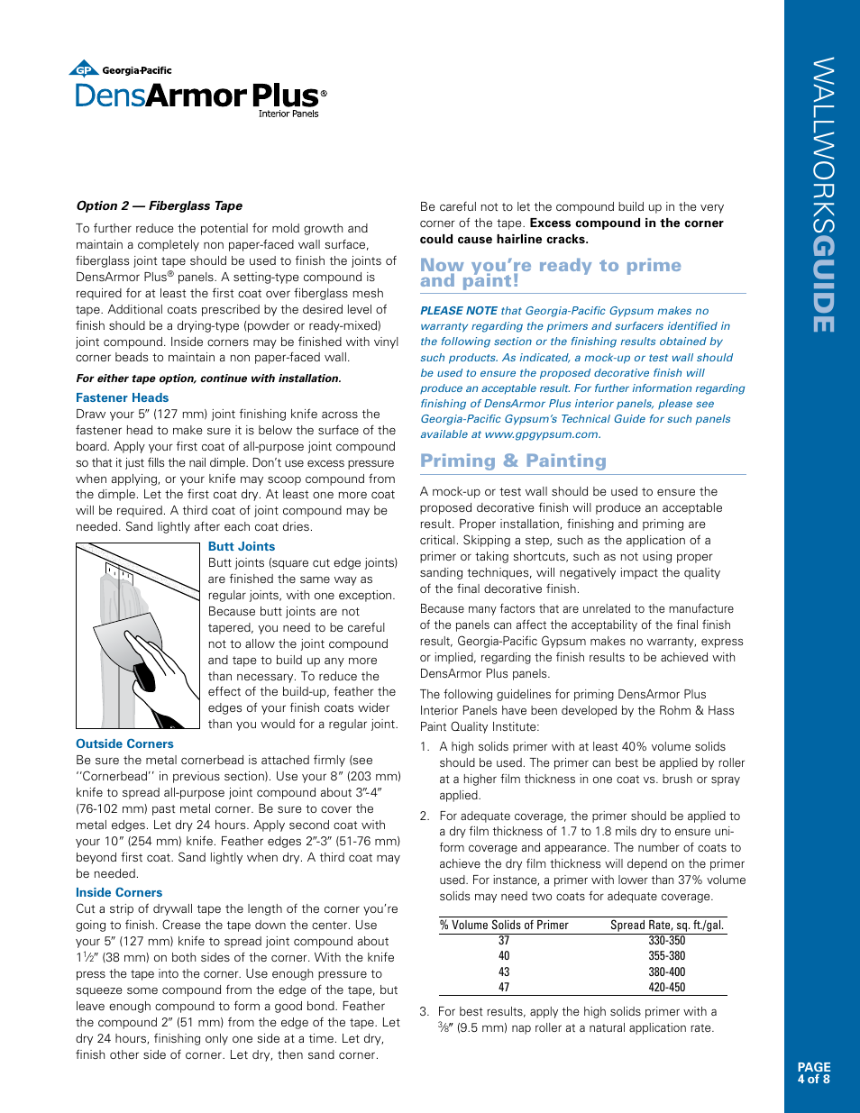 Wall works guide, Now you’re ready to prime and paint, Priming & painting | Georgia-Pacific DensArmor Plus Interior Panels User Manual | Page 4 / 8